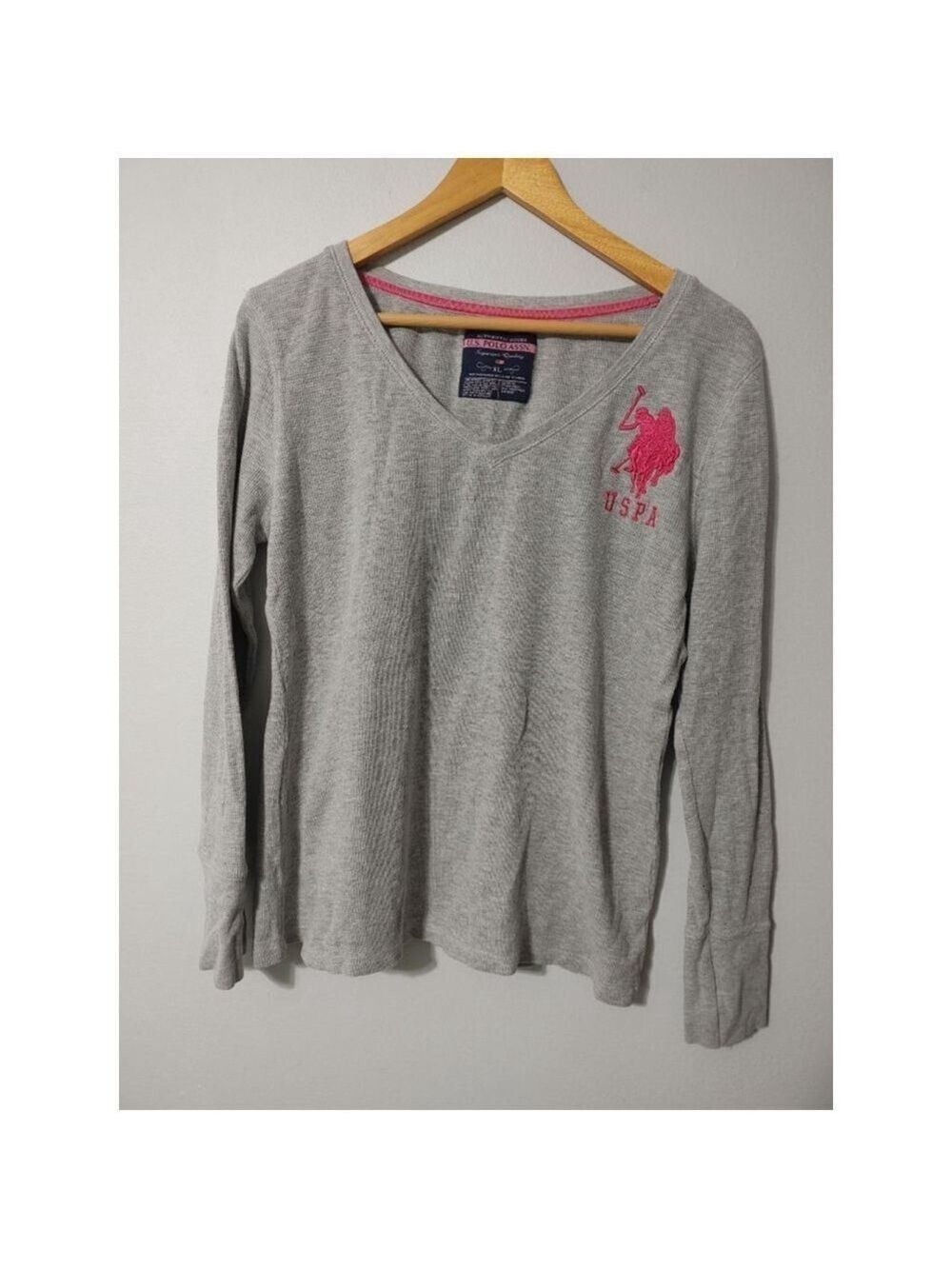 Women's U.S. Polo Assn. Long Sleeve V Neck Tee XL Gray Pink